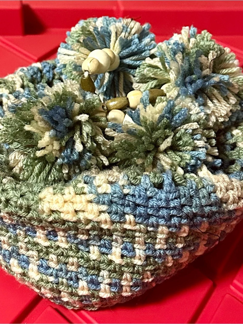 One-of-a-Kind Handcrafted Hippie Crochet Pom-Pom Hat Boho Beanie Wood Beads
